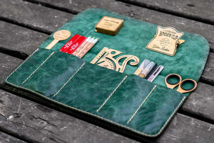 Personalized Leather Pen Roll - Rustic Green