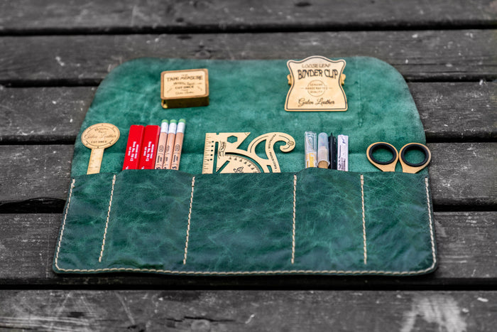 Personalized Leather Pen Roll - Rustic Green