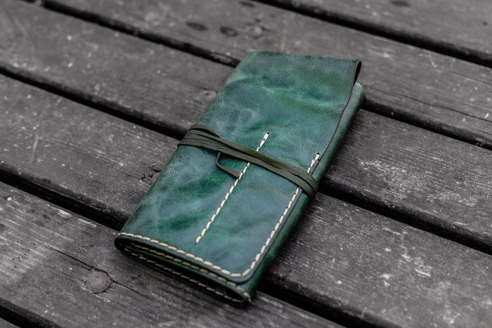 Personalized Leather Pen Roll - Rustic Green