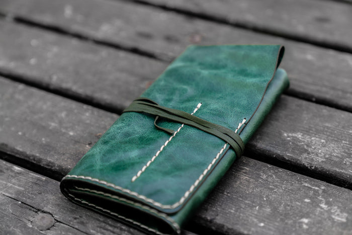 Personalized Leather Pen Roll - Rustic Green