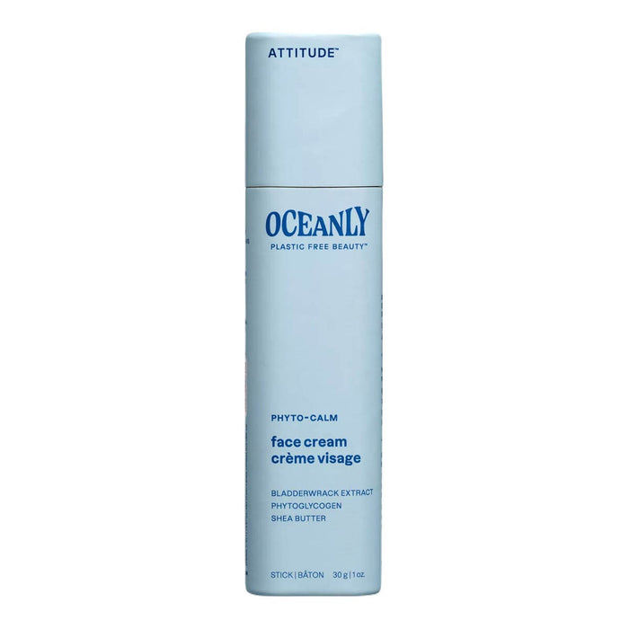 Blue bottle of Oceanly face cream on a white background.