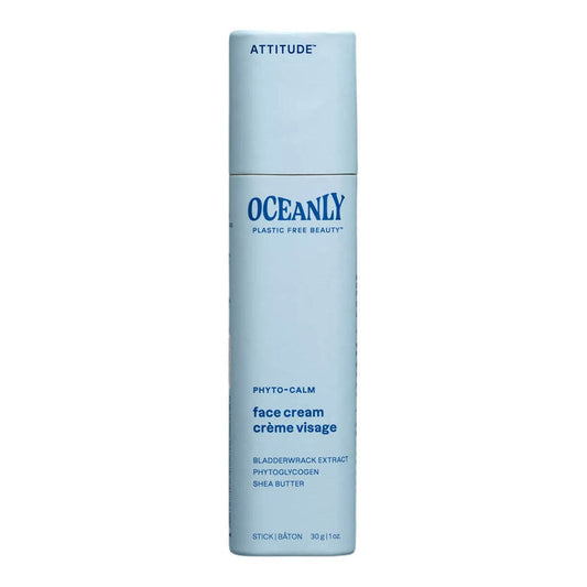 Blue bottle of Oceanly face cream on a white background.