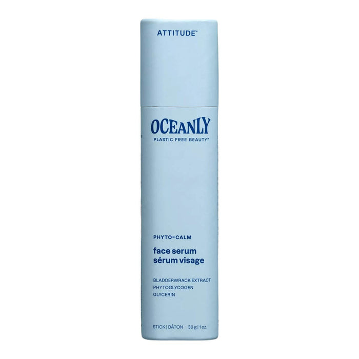 Blue bottle of Oceanly face serum on a white background.