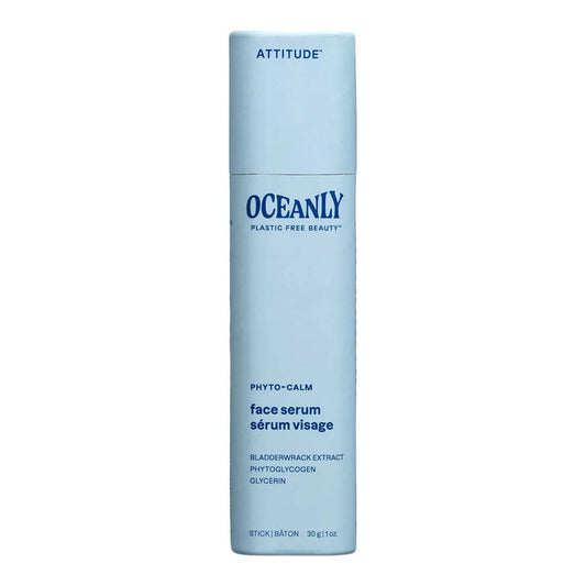 Blue bottle of Oceanly face serum on a white background.