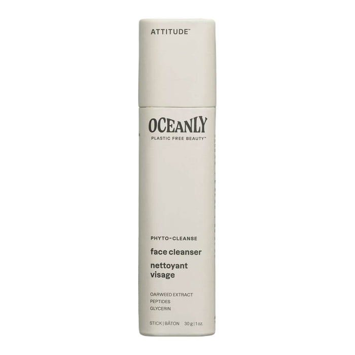 Oceanly face cleanser bottle on a white background.