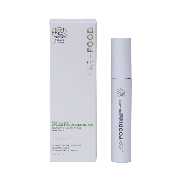 3ml tube and box LASHFOOD Phyto-Medic Eyelash Enhancing Serum, promotes longer, thicker, and stronger-looking eyelashes.