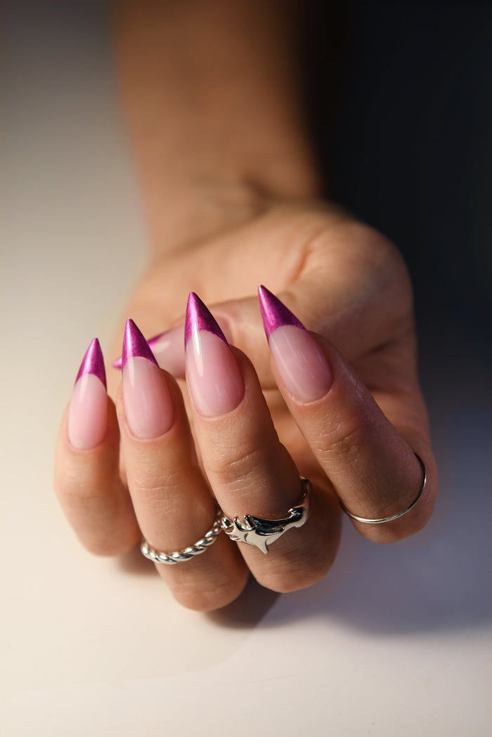 Pink Chrome French Tip Press-On Nails – Y2K Chrome, Custom Acrylic Look, Stiletto, Coffin, Square, Long & Short – Luxury Handmade Reusable Nail Set