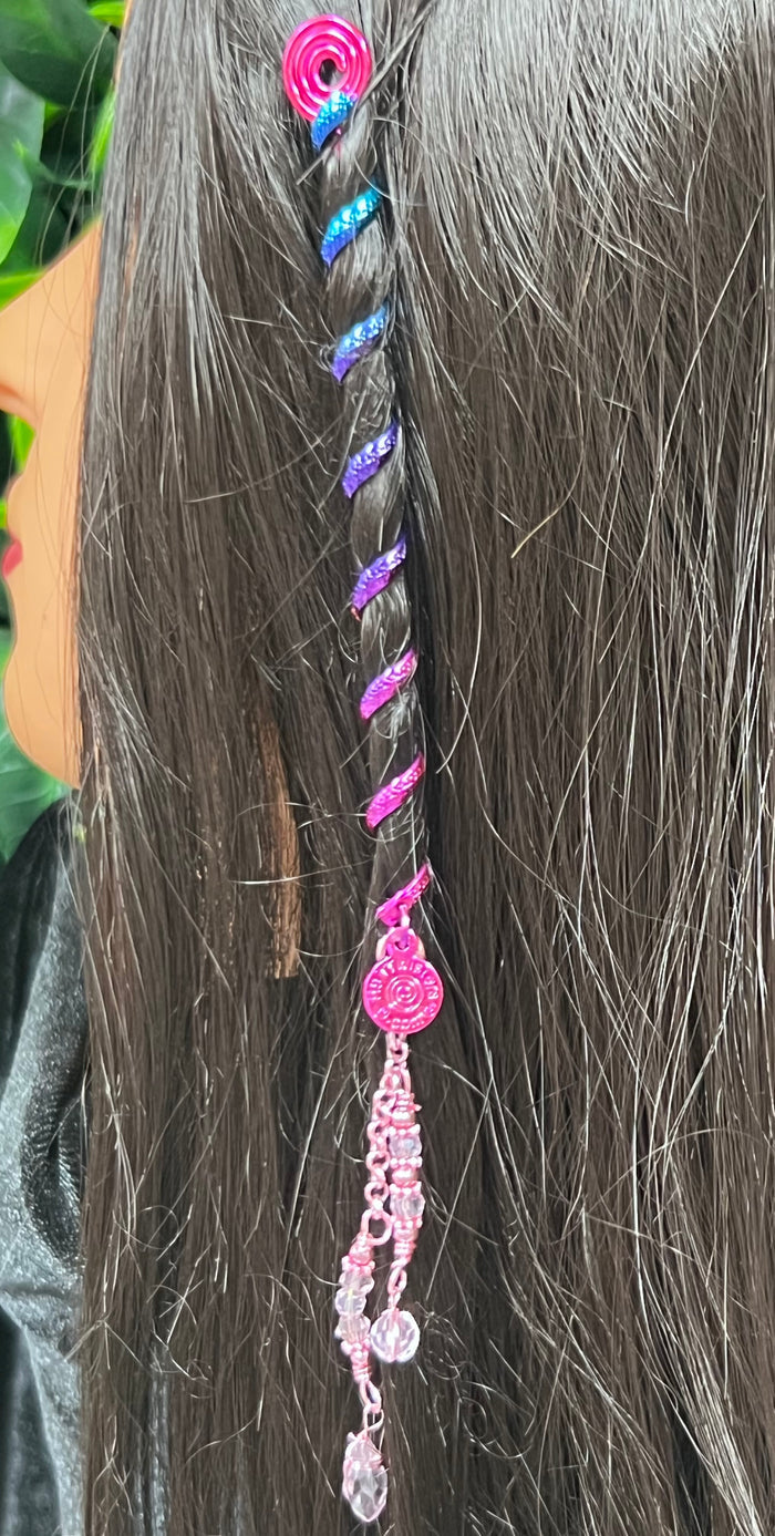Model wearing 4 inch pink rainbow spiral hair twister, side view