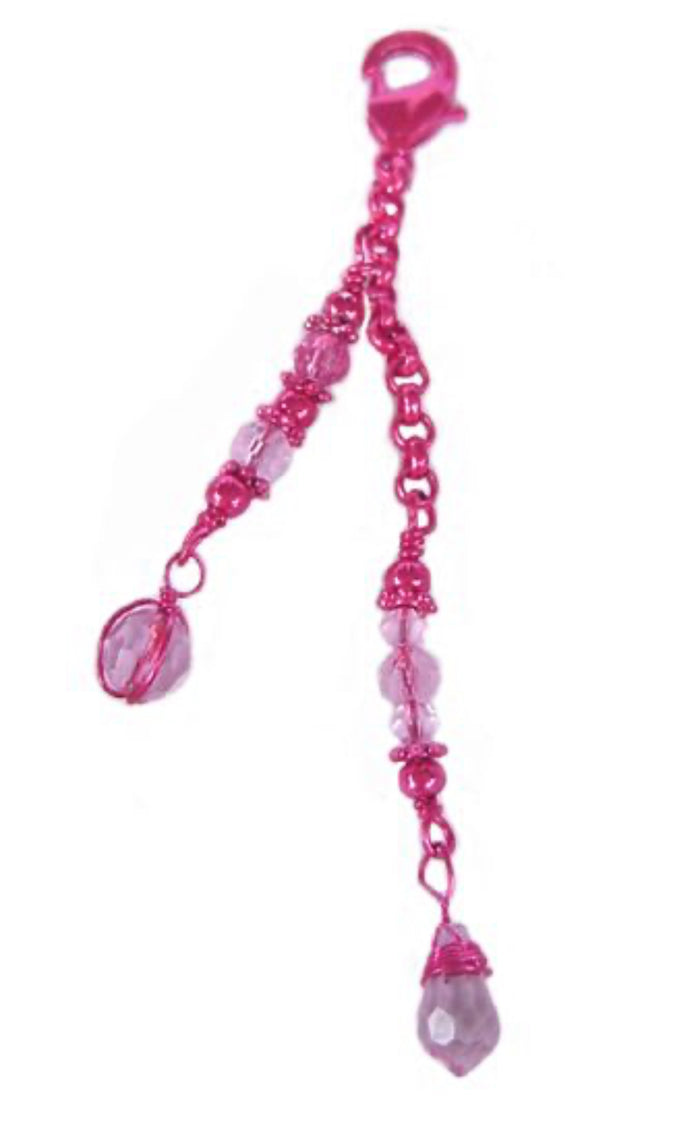 Pink crystal bead charm with dangling teardrop crystal accent for Pink Rainbow Mini Spiral Hair Twisters.