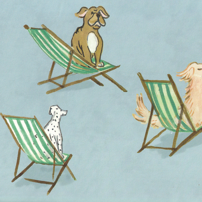 Pippa Powder wallpaper with playful dogs lounging on green-striped deck chairs against a soft blue background