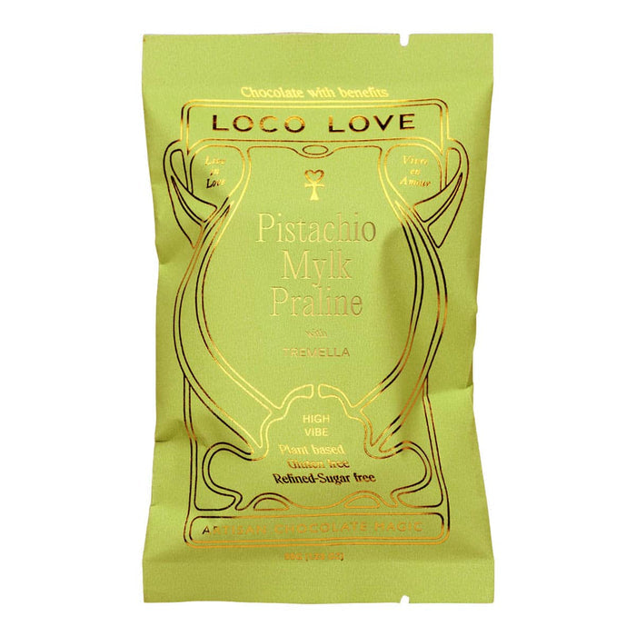 Green packaging of Loco Love Pistachio Mylk Praline on a white background.