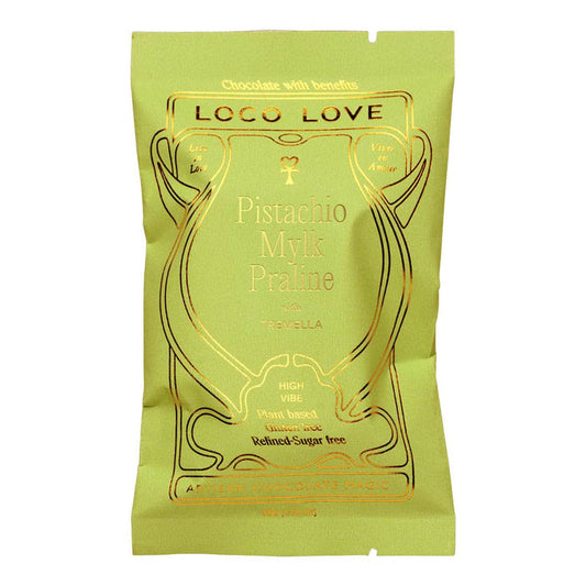 Green packaging of Loco Love Pistachio Mylk Praline on a white background.