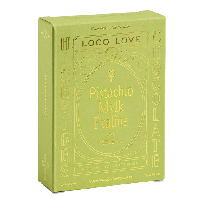 Green box of Loco Love chocolate with Pistachio Mylk Praline flavour on a white background.