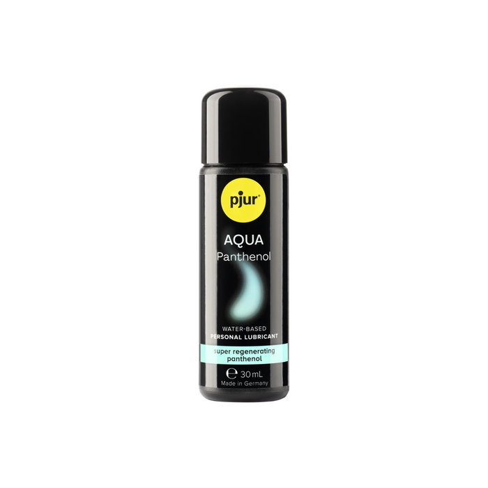 A small, black bottle of pjur AQUA Panthenol water-based personal lubricant 30ml is isolated against a white background.