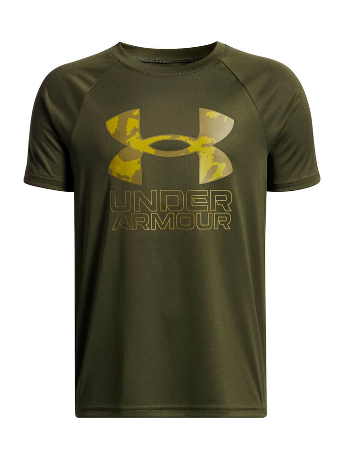 Polera manga corta de Entrenamiento para Niño Tech Hybrid print Verde Under Armour