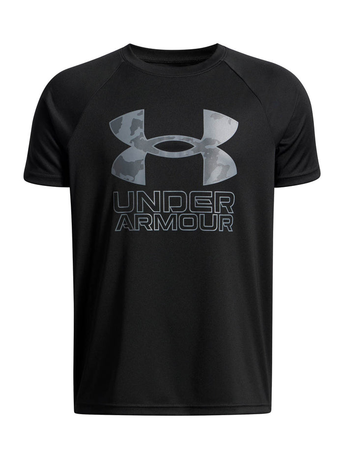 Polera manga corta de Entrenamiento para Niño Tech Hybrid print Negro Under Armour