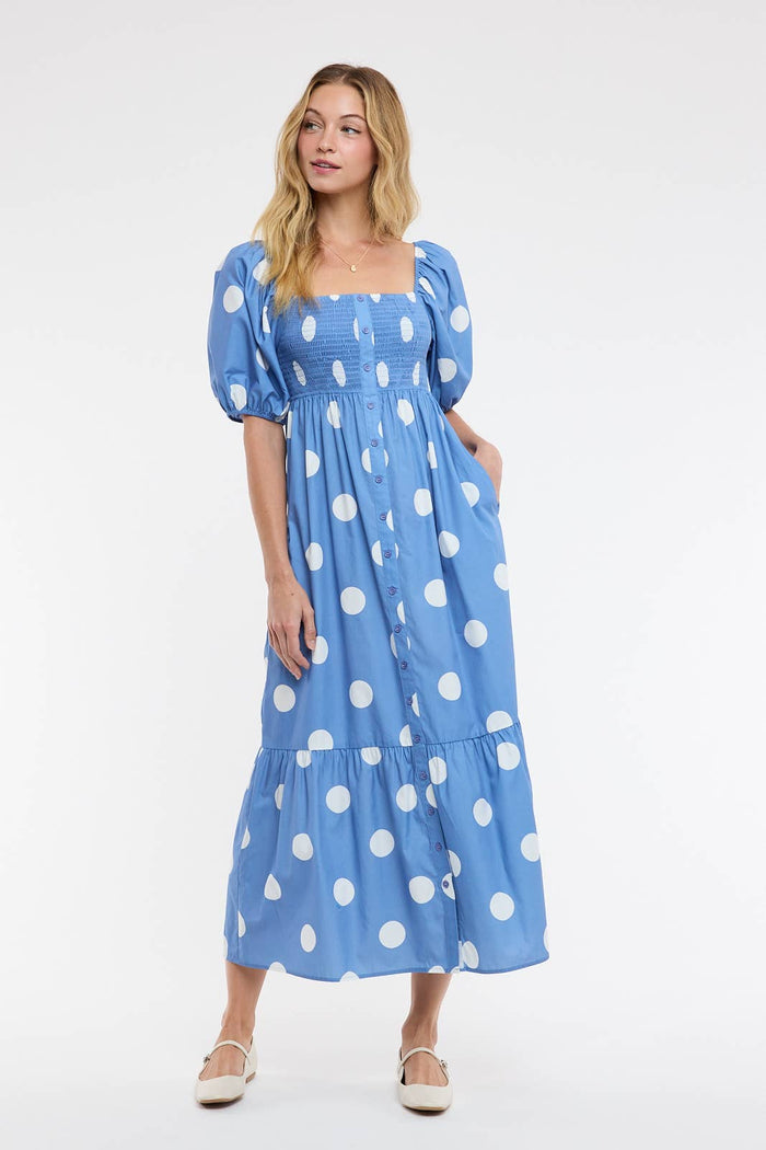 POLKA DOT PUFF SLEEVE MAXI DRESS / OCEAN BLUE/WHITE