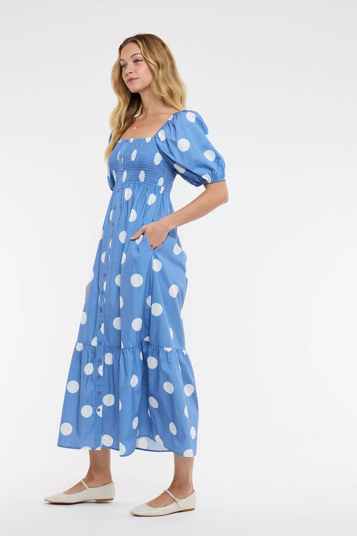 POLKA DOT PUFF SLEEVE MAXI DRESS / OCEAN BLUE/WHITE