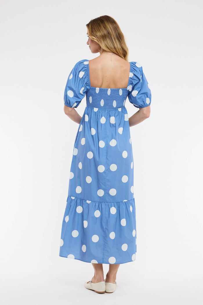 POLKA DOT PUFF SLEEVE MAXI DRESS / OCEAN BLUE/WHITE