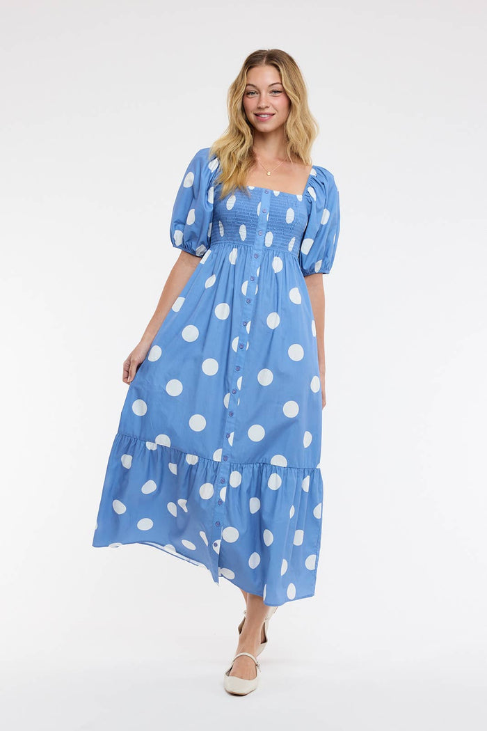 POLKA DOT PUFF SLEEVE MAXI DRESS / OCEAN BLUE/WHITE