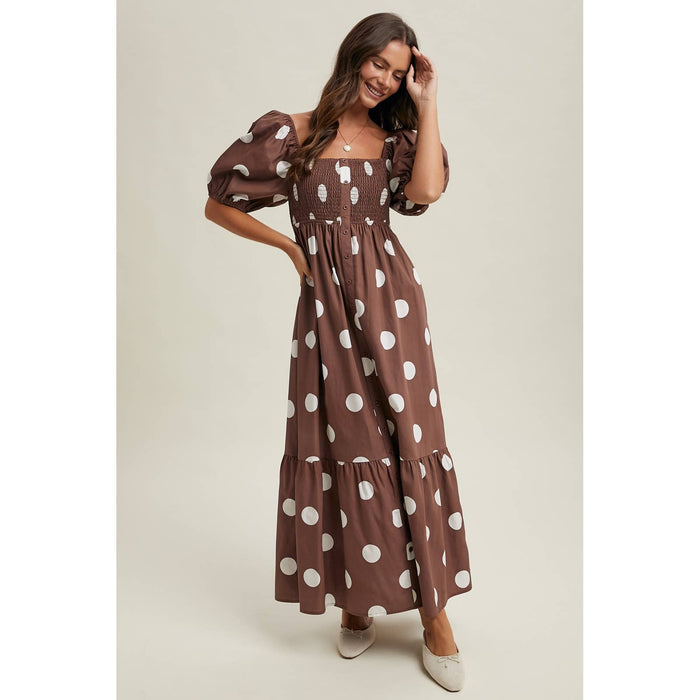 POLKA DOT PUFF SLEEVE MAXI DRESS / OCEAN BLUE/WHITE