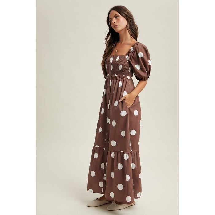 POLKA DOT PUFF SLEEVE MAXI DRESS / OCEAN BLUE/WHITE