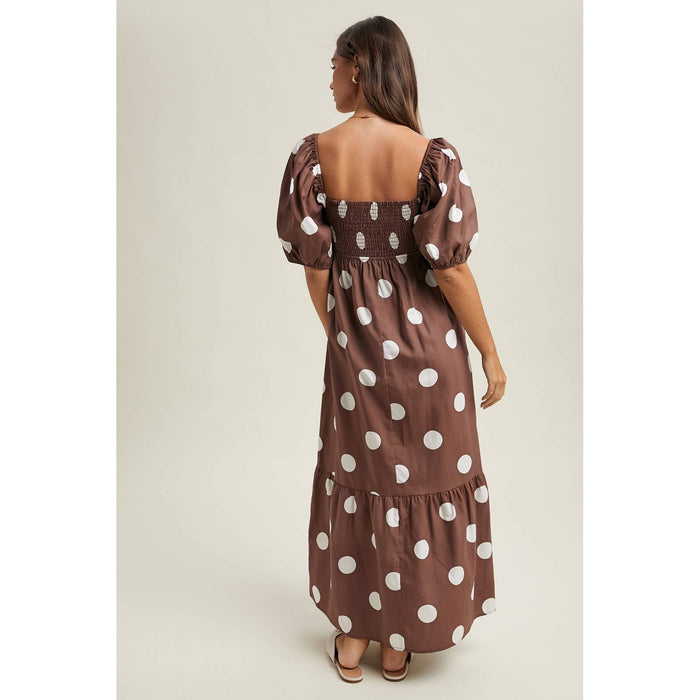 POLKA DOT PUFF SLEEVE MAXI DRESS / OCEAN BLUE/WHITE