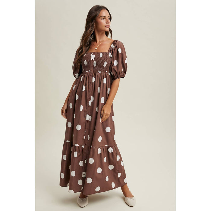 POLKA DOT PUFF SLEEVE MAXI DRESS / OCEAN BLUE/WHITE