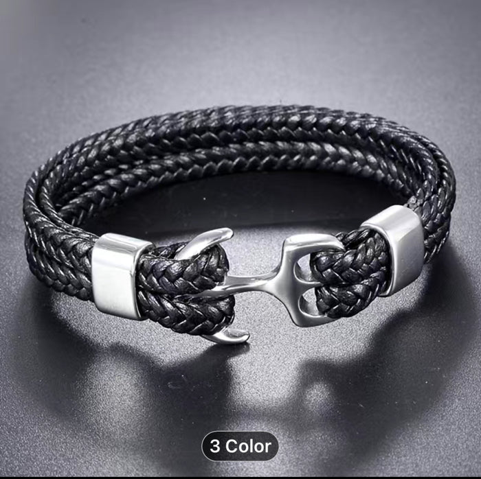 Poseidon Collection Boat Anchor Braided Leather Bracelet
