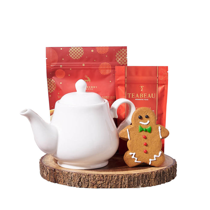 Premium Christmas Gift Set with Gingerbread and Tea Beau Cinnamon Tea – gift basket with teabeau cinnamon tea, gingerbread man cookie and hollyberry