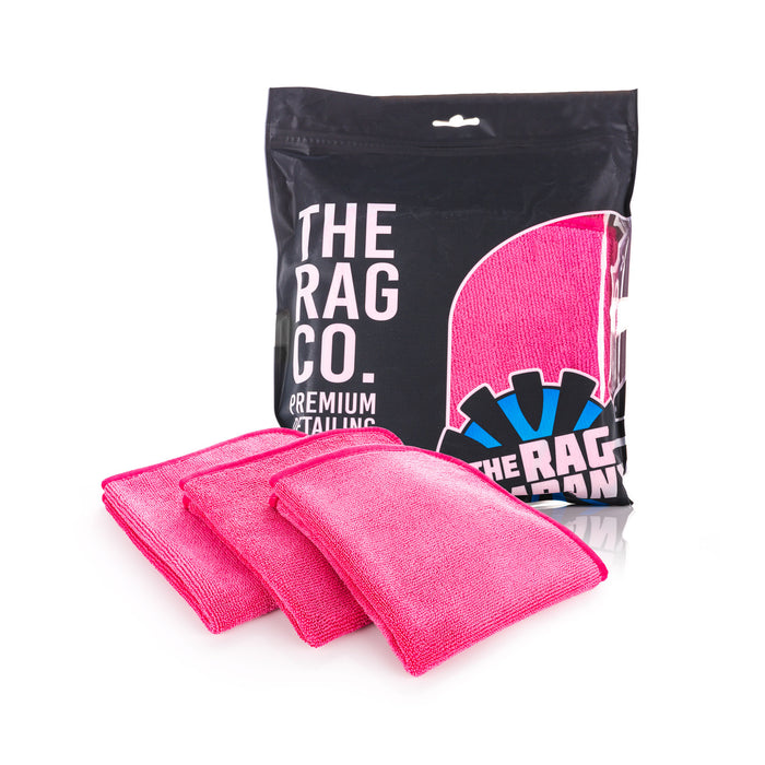 Premium FTW 16 x 16 Pink 3 Pack of towels with packaging on a white background.