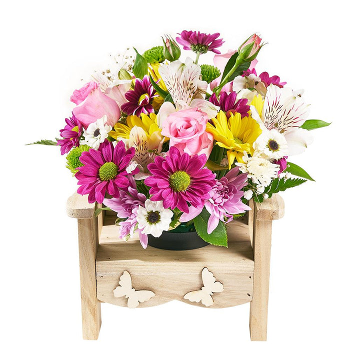 Premium Mixed Floral Planter Chair with Roses and Alstroemeria – gift basket with this stunning flower display features a mixed floral and this