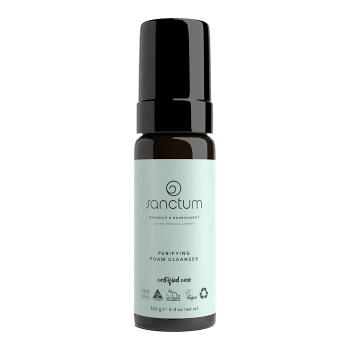 Sanctum purifying foam cleanser bottle on a white background.