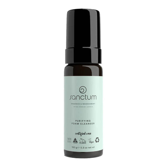 Sanctum purifying foam cleanser bottle on a white background.