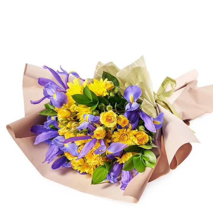 Purple Iris and Yellow Spray Rose Bouquet with Daisies – the bouquet
