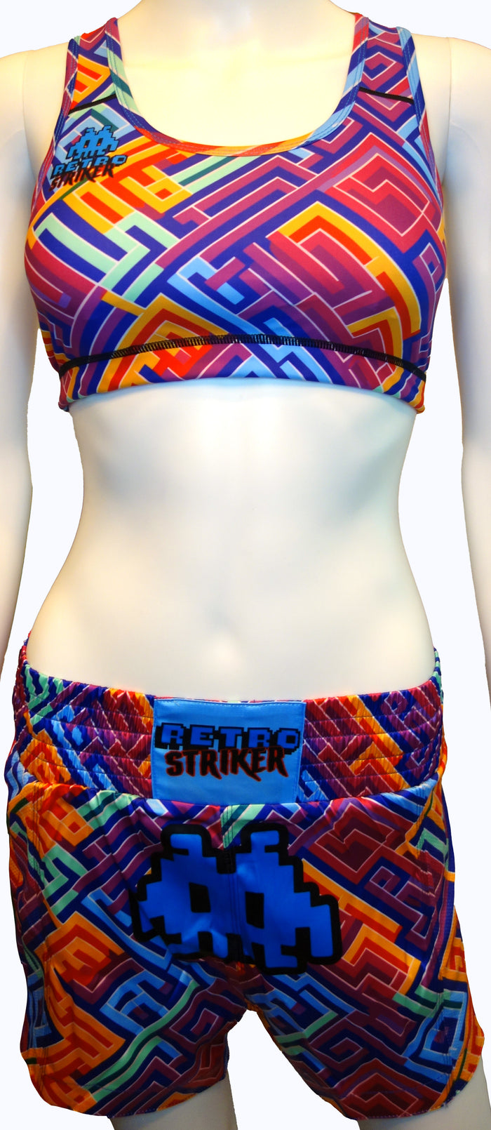 Retro Grapplers Puzzle Muay Thai Shorts on a Clothes Dummy
