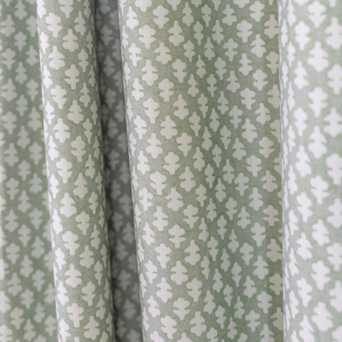 Quinn Eucalyptus Printed Cotton Curtain in sage green and white patterned fabric, made to order in the USA