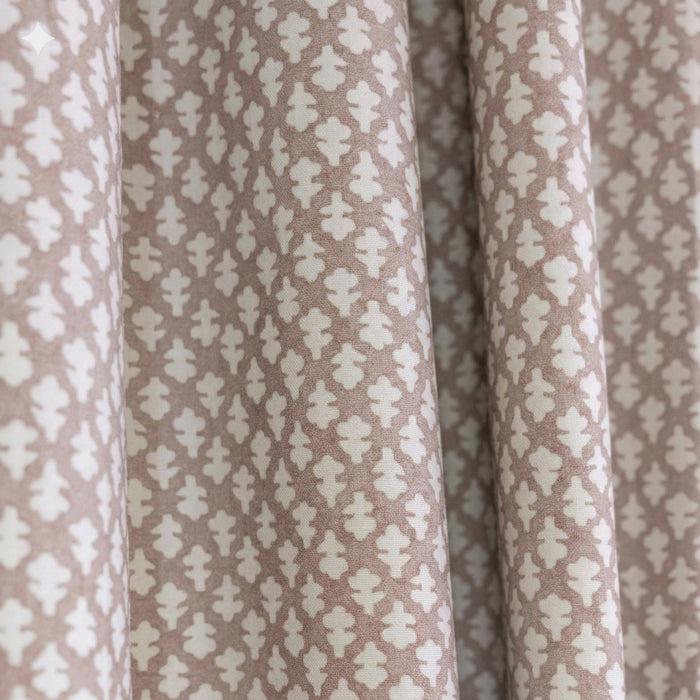 Quinn Mushroom Printed Cotton Curtain in taupe and white trellis pattern, made to order in the USA with short lead times