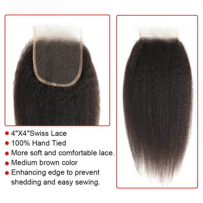 advantages of natural black kinky straight virgin human hair with 4x4 closure