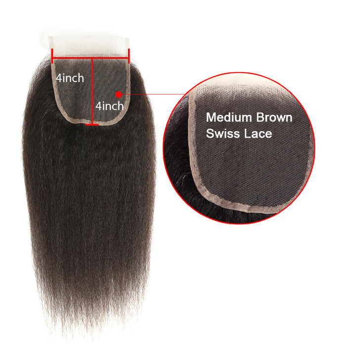 hand tied natural black kinky straight virgin human hair with 4x4 closure