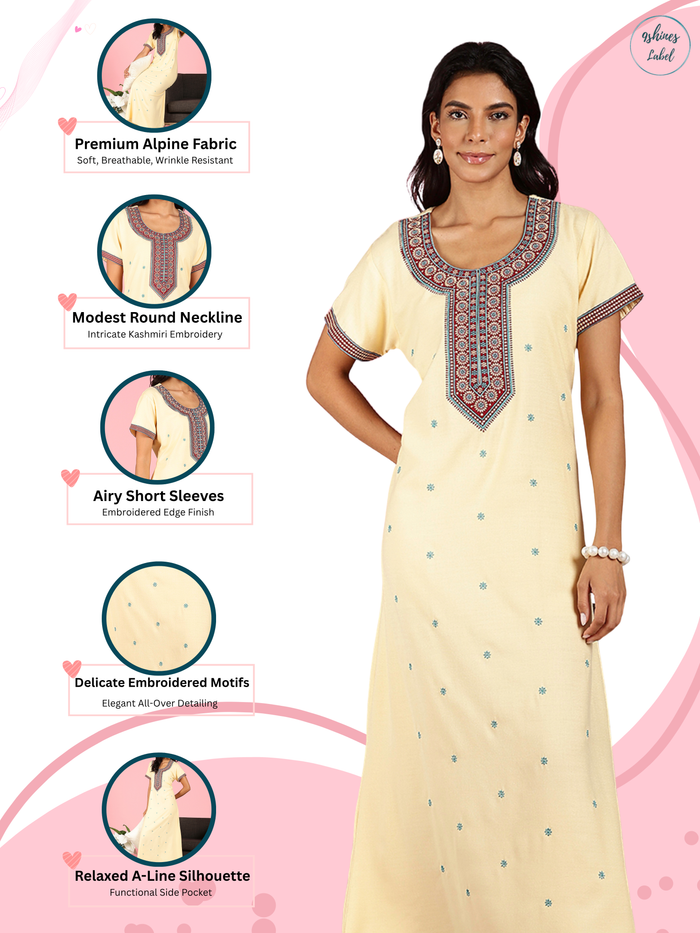 Raatrani Butter Yellow Alpine Embroidered A-Line Nighty for Women – Soft Comfort Fit