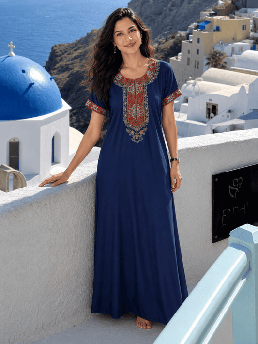 Raatrani Heritage Blue Alpine Embroidered A Line Nighty for Women