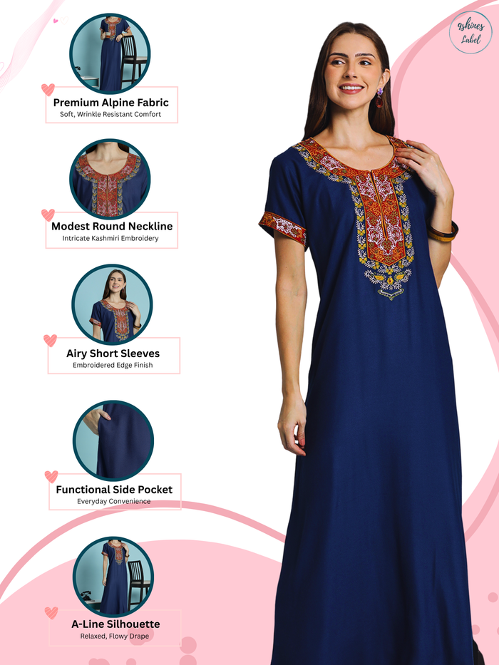 Raatrani Heritage Blue Alpine Embroidered A Line Nighty for Women