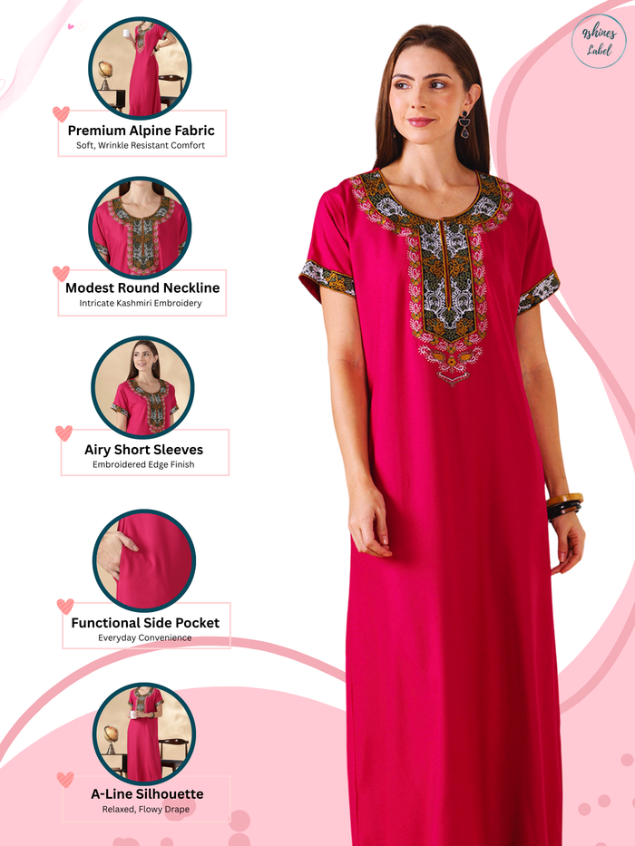 Raatrani Heritage Pink Alpine Embroidered A Line Nighty for Women