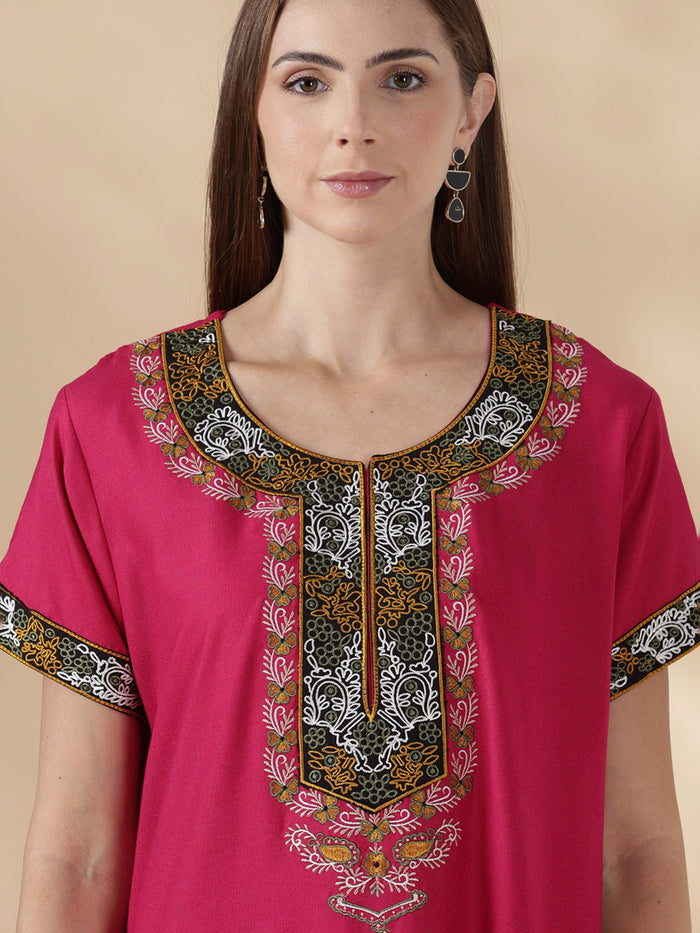 Heritage style alpine embroidered womens pink nighty dress