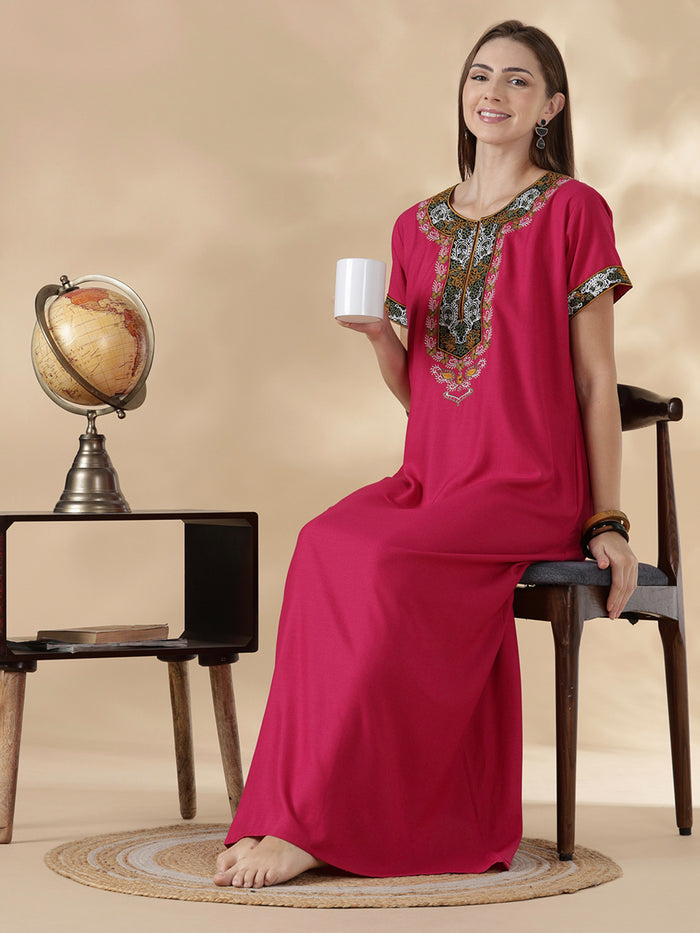 Heritage style alpine embroidered womens pink nighty dress