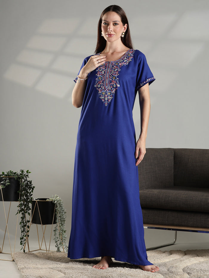 Royal blue summer nightwear for women featuring intricate floral embroidery.