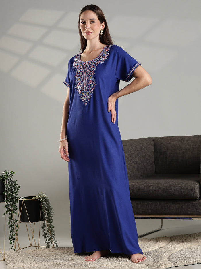 Royal blue summer nightwear for women featuring intricate floral embroidery.