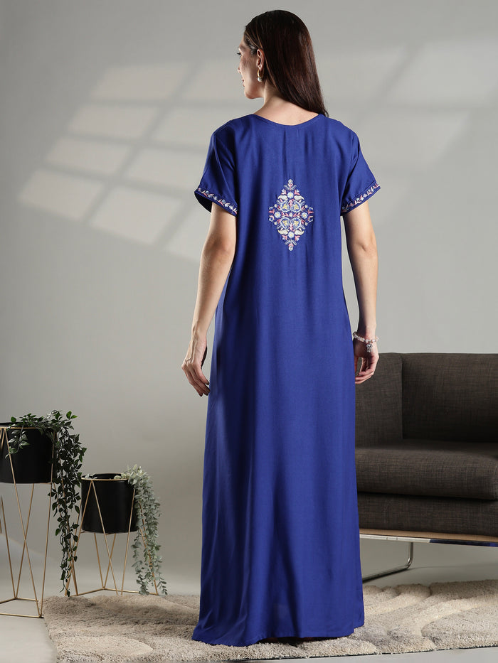 Royal blue summer nightwear for women featuring intricate floral embroidery.
