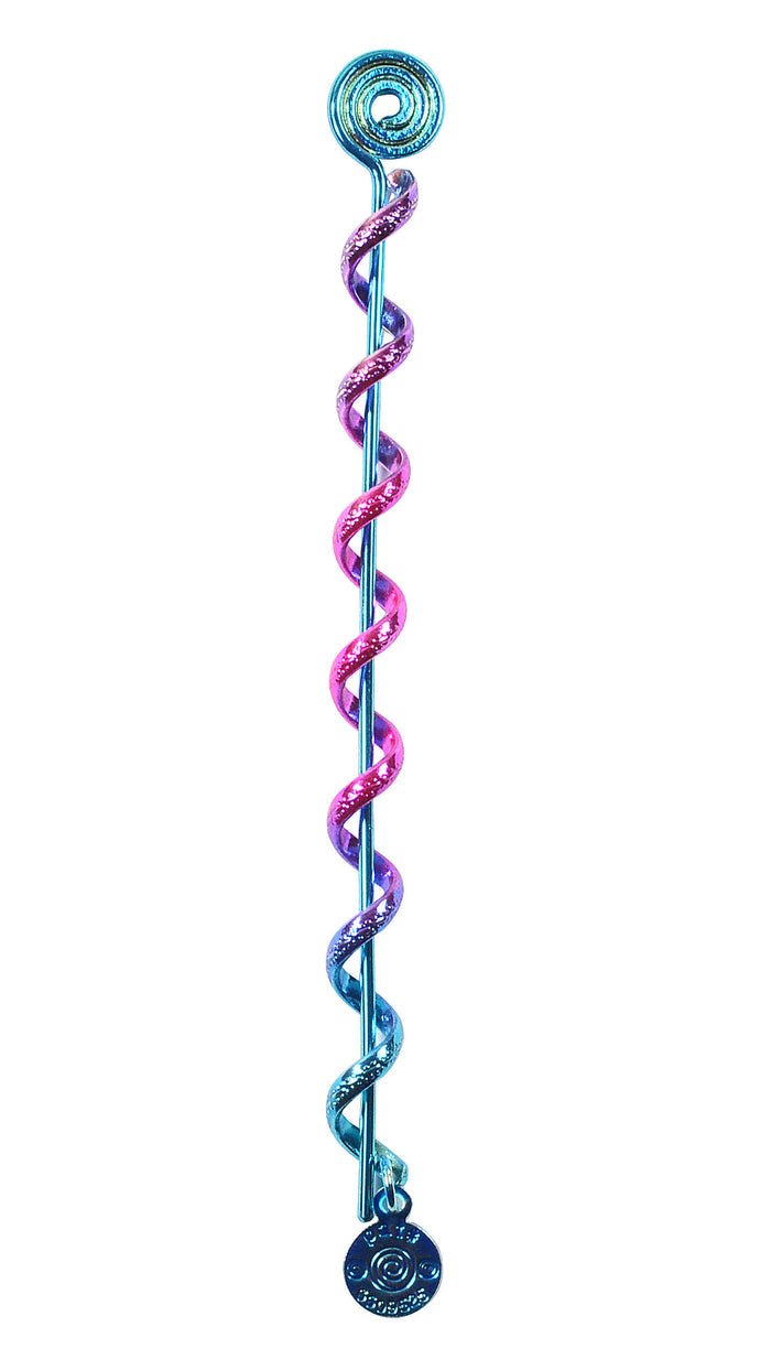 4 inch rainbow spiral hair twister in blue, pink, and teal with charm, front view